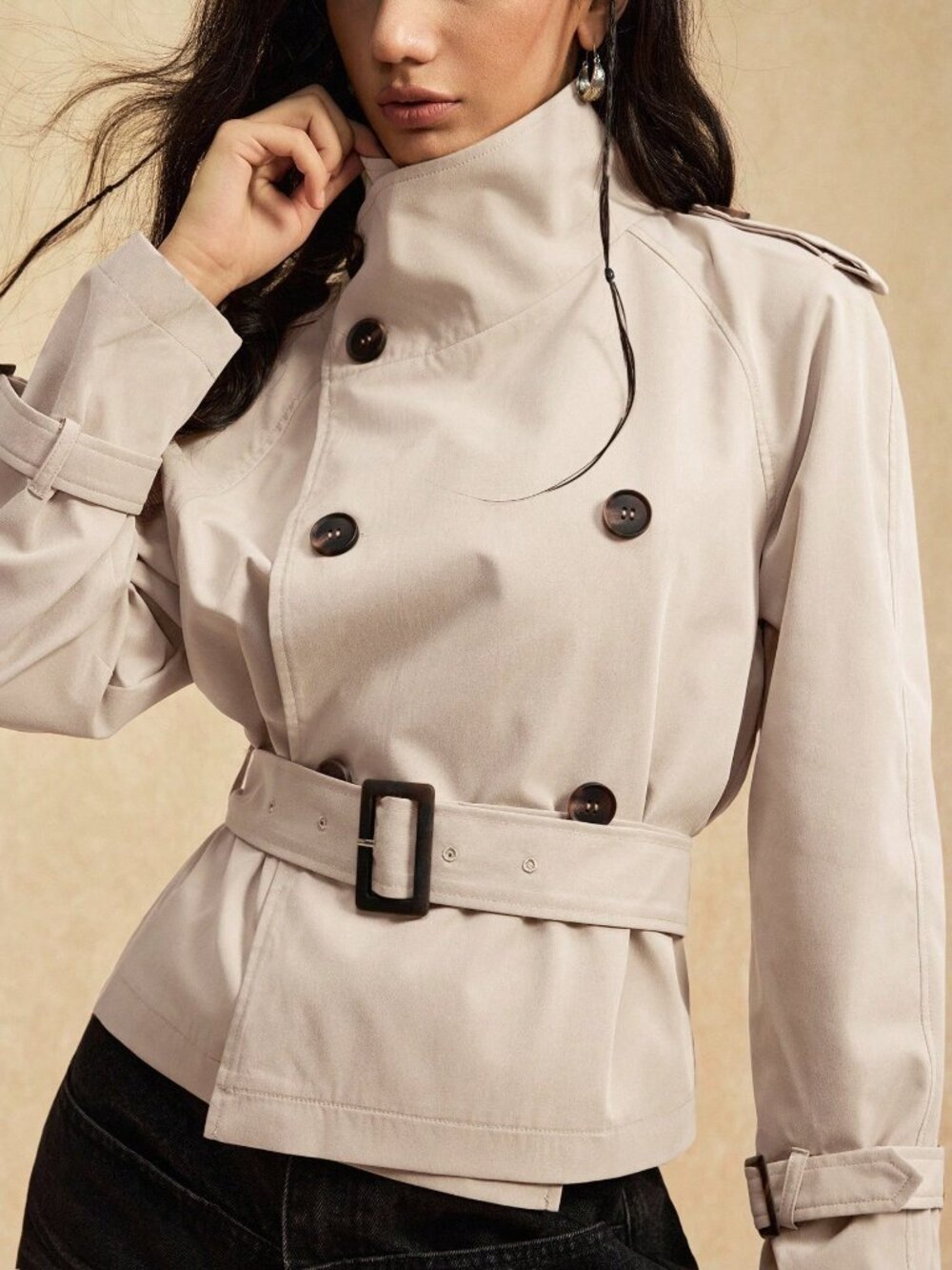Apricot Casual Women's High Collar Cinched Waist Button Up Trench Coat
